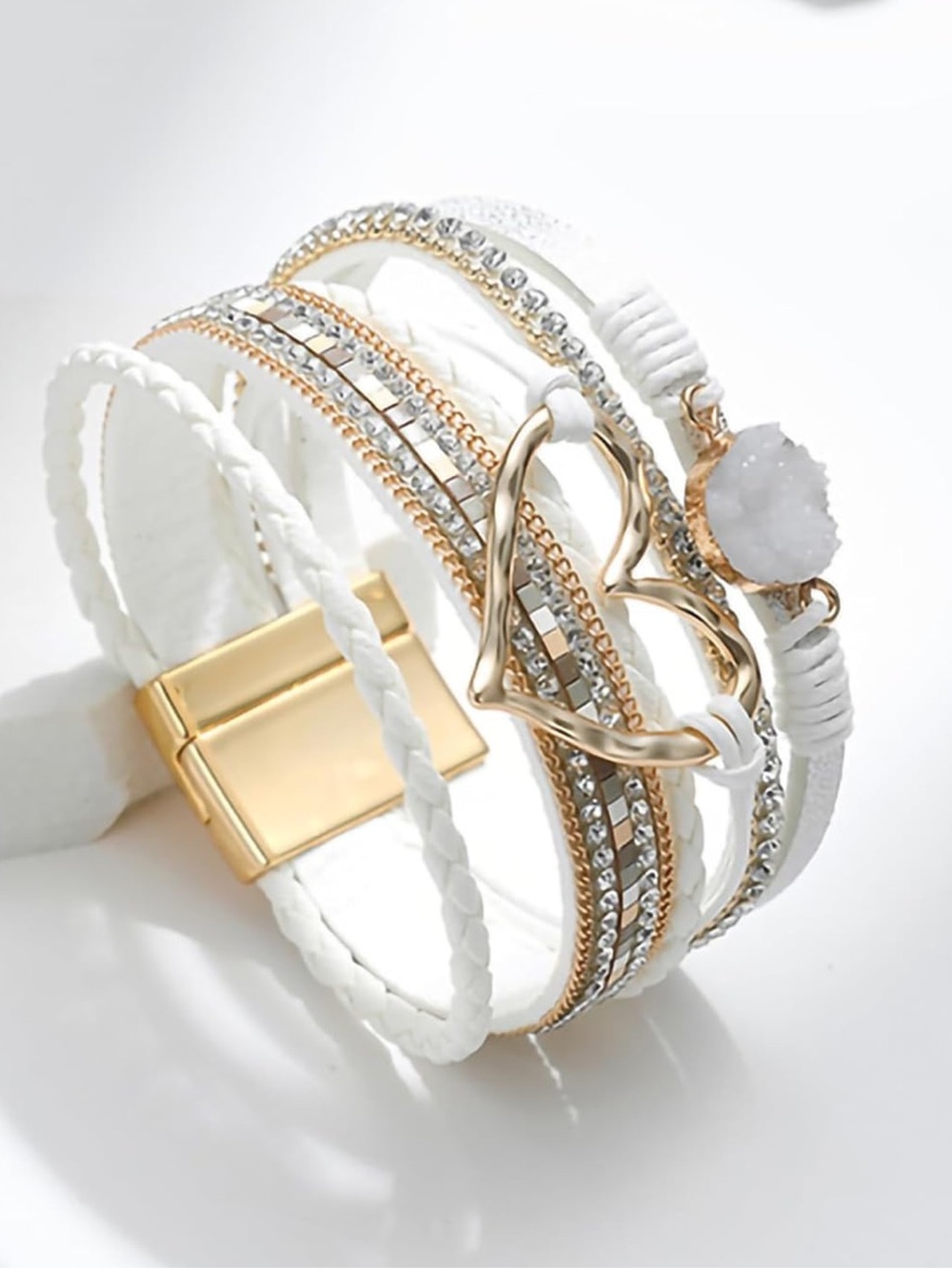 Anthropologie White and Gold Multi-Strand Heart & Druzy Wrap Bracelet